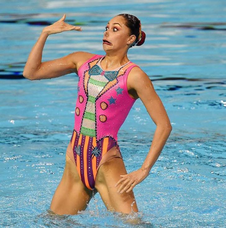 Synchronized swimmer caught at a funny moment