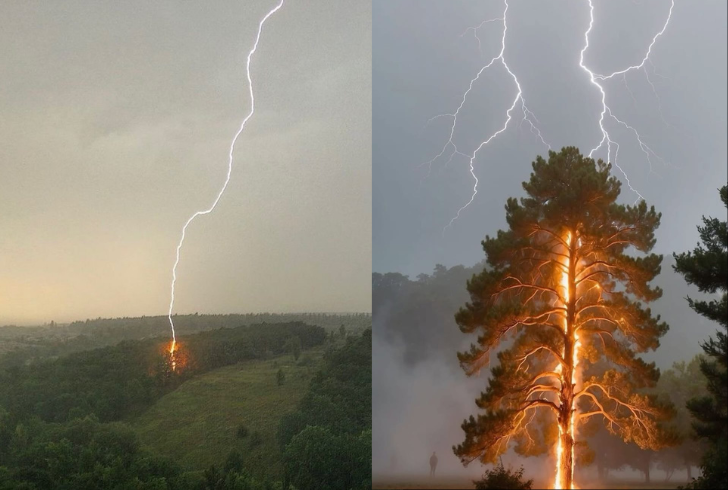 Lightning strikes tree in dense forest