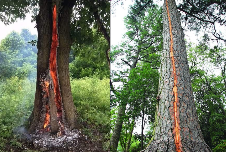 Lightning hits tree in humid forest