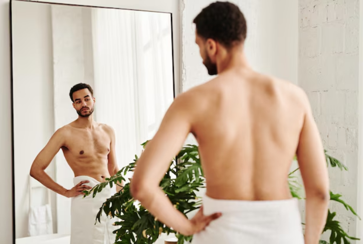 Person examining arm muscles in mirror