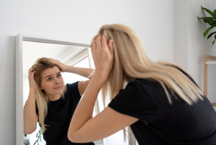 Woman examining her hair in mirror